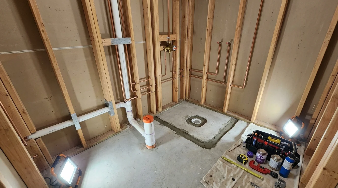 Bathroom rough-in plumbing during remodel by Johns Plumbing LLC in Filer