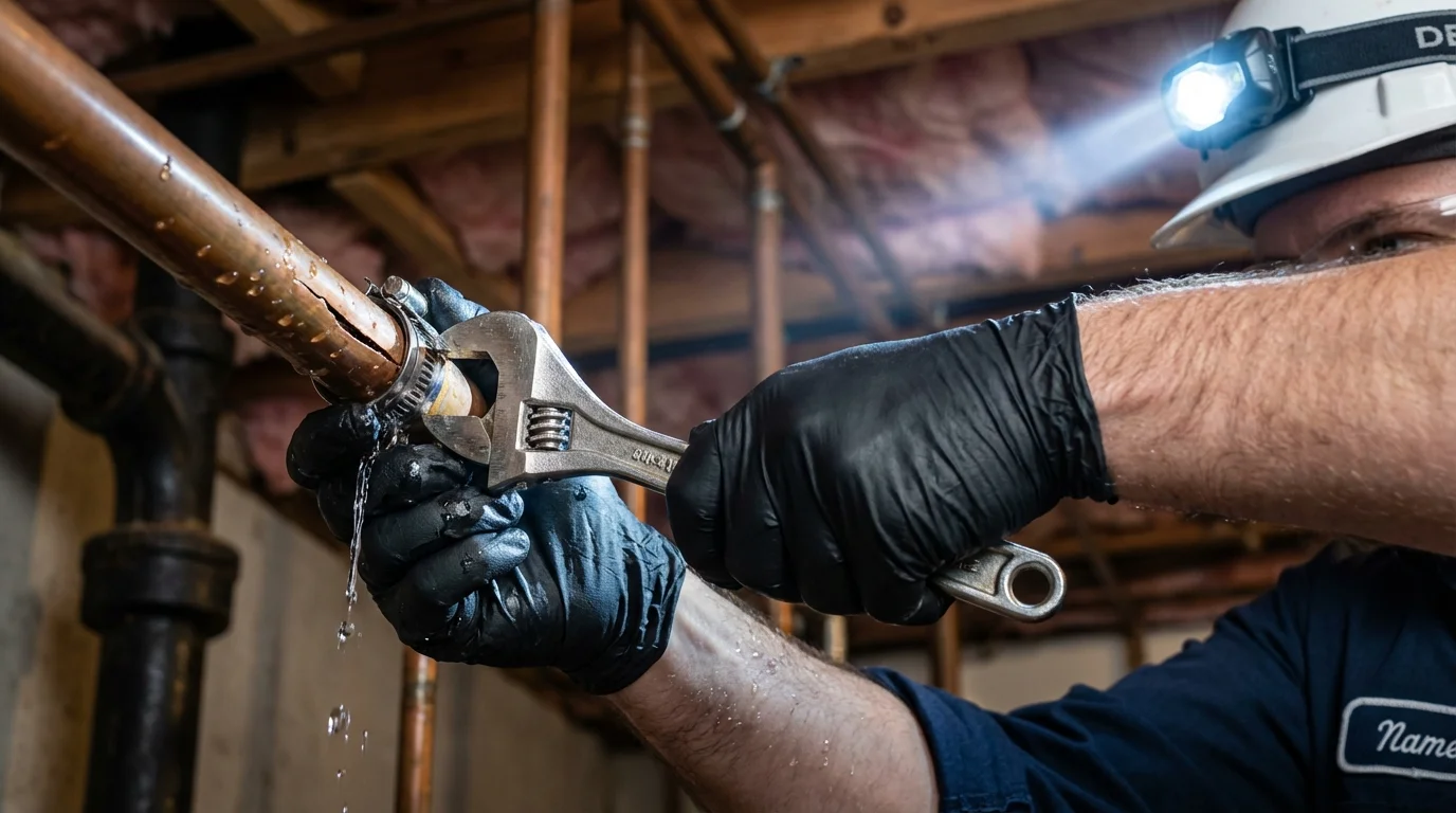 Emergency pipe clamp repair being performed by a Johns Plumbing LLC plumber in Filer