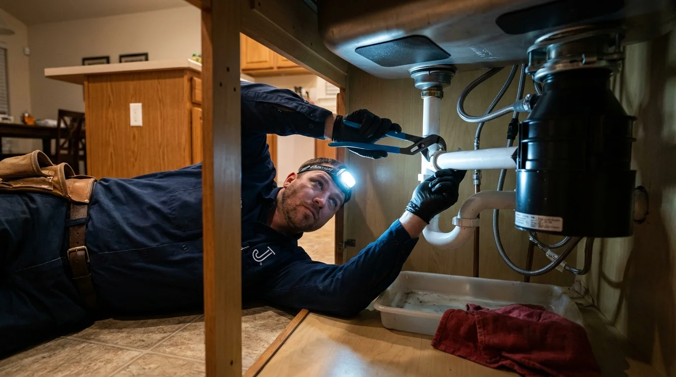 P-trap and supply line connections under a kitchen sink showing a common leak point in Filer, ID